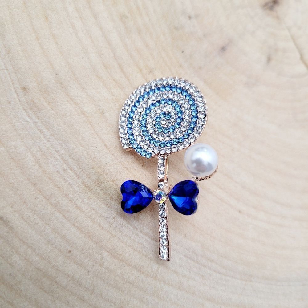 Brand New Blue & Silver Rhinestone Lollipop Brooch Pin